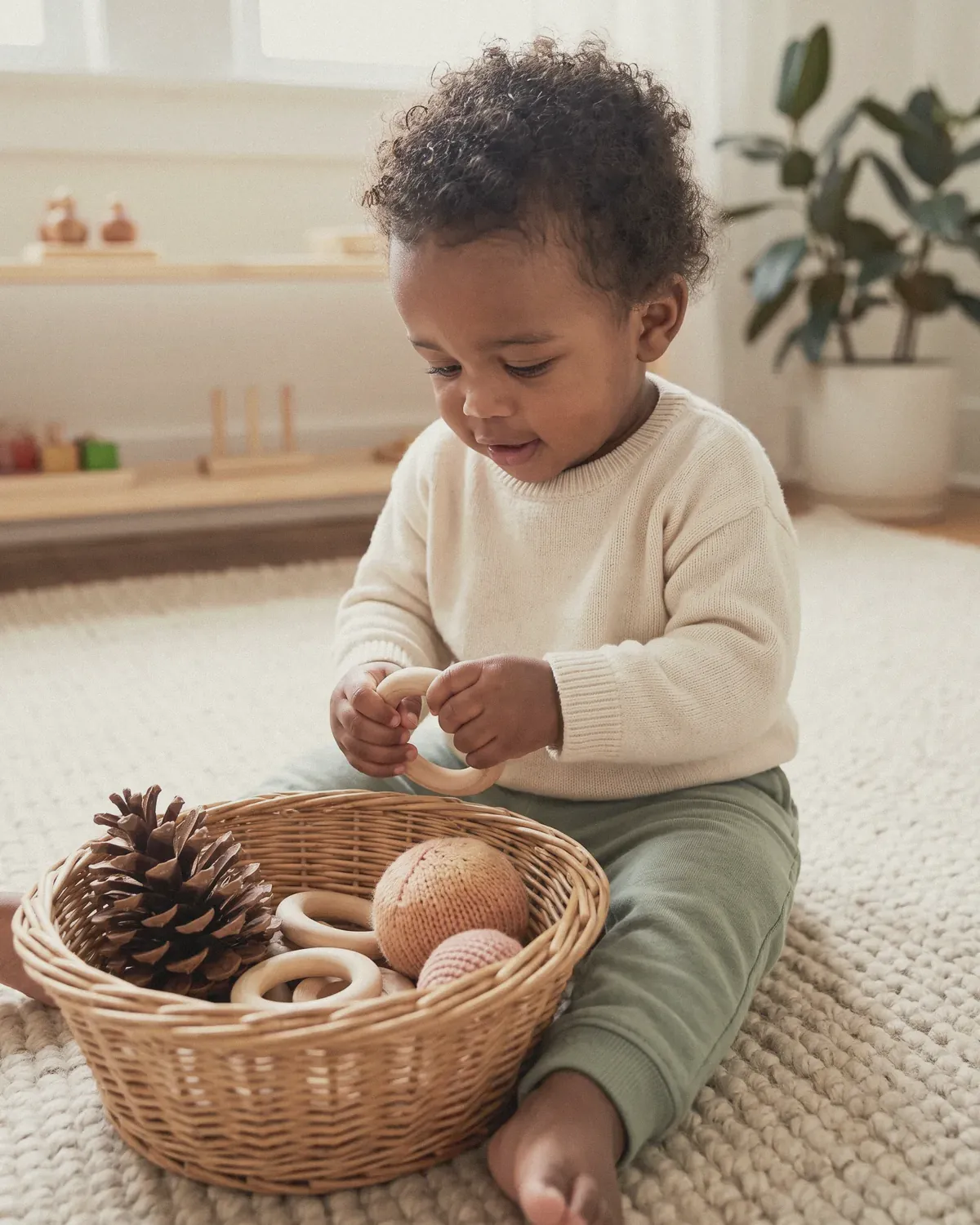A toddler exploring a basket of wooden rings and natural objects